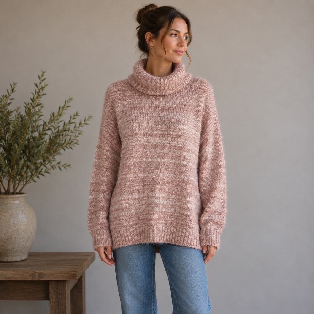 Show Me Your Mumu Pink Peach Fuzzy Eyelash Fatima Turtleneck Sweater Small